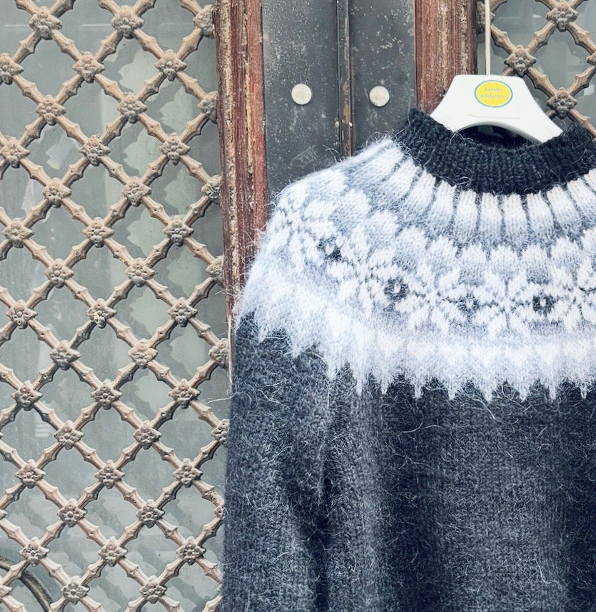 Hand-Knitted Nordic Sweater in Wool and Mohair –Black white and grey