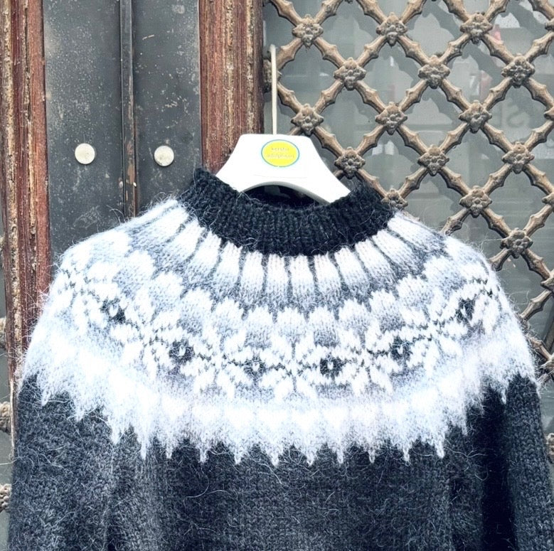 Hand-Knitted Nordic Sweater in Wool and Mohair –Black white and grey