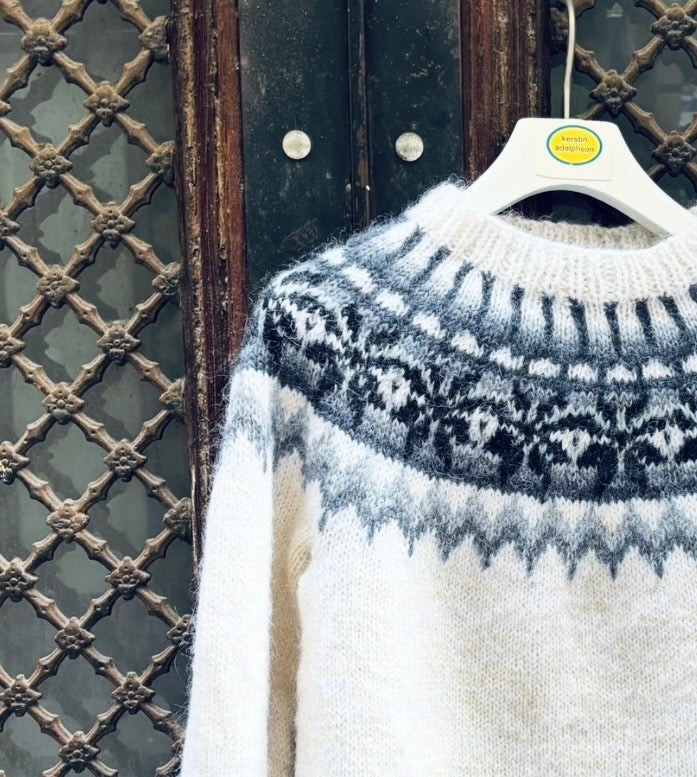 Hand-Knitted Nordic Sweater in Wool and Mohair – white-Grey