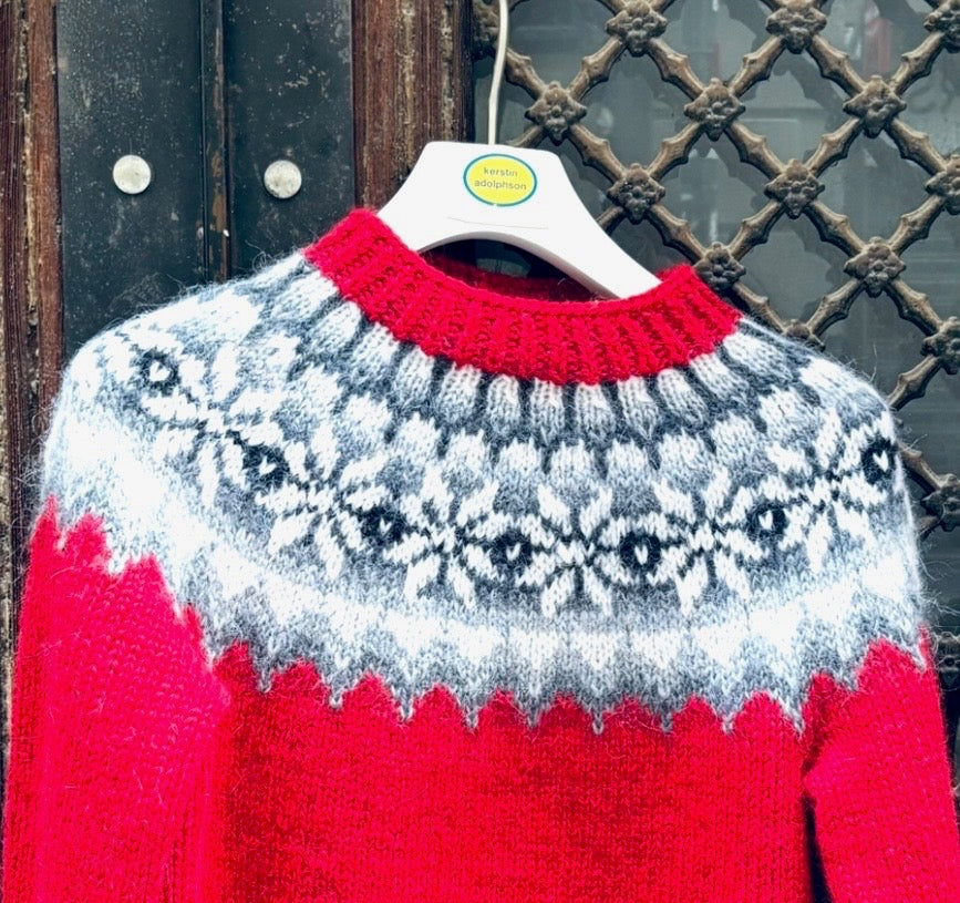 Hand-Knitted Nordic Sweater in Wool and Mohair –Red white and grey