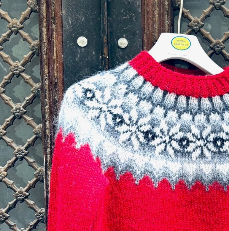 Hand-Knitted Nordic Sweater in Wool and Mohair –Red white and grey