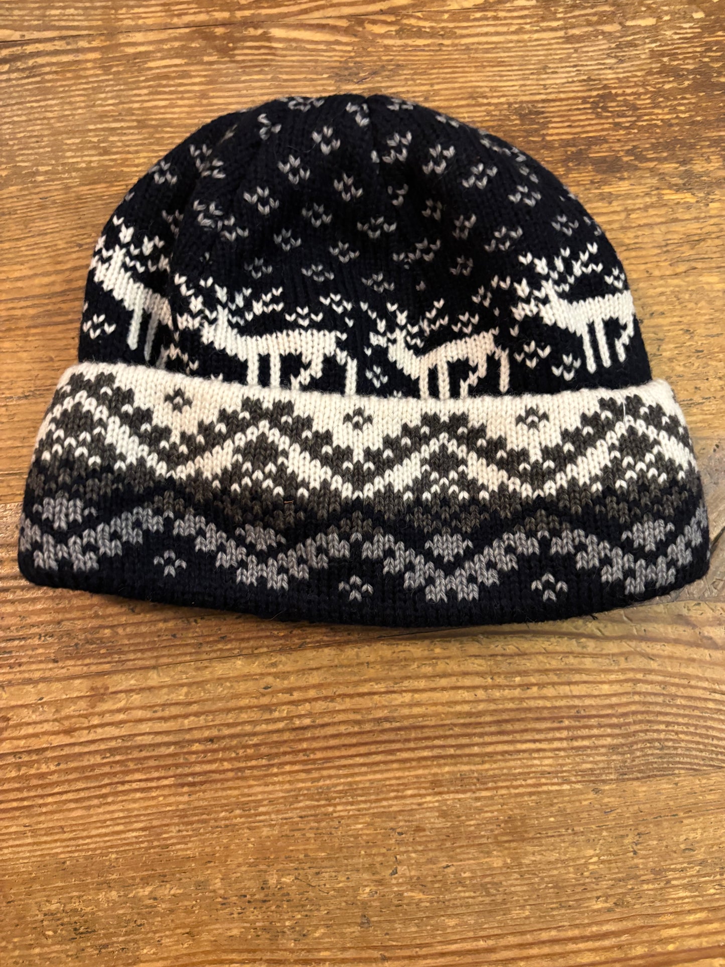 Dark Blue Wool Hat with Reindeer Pattern and Fleece Lining