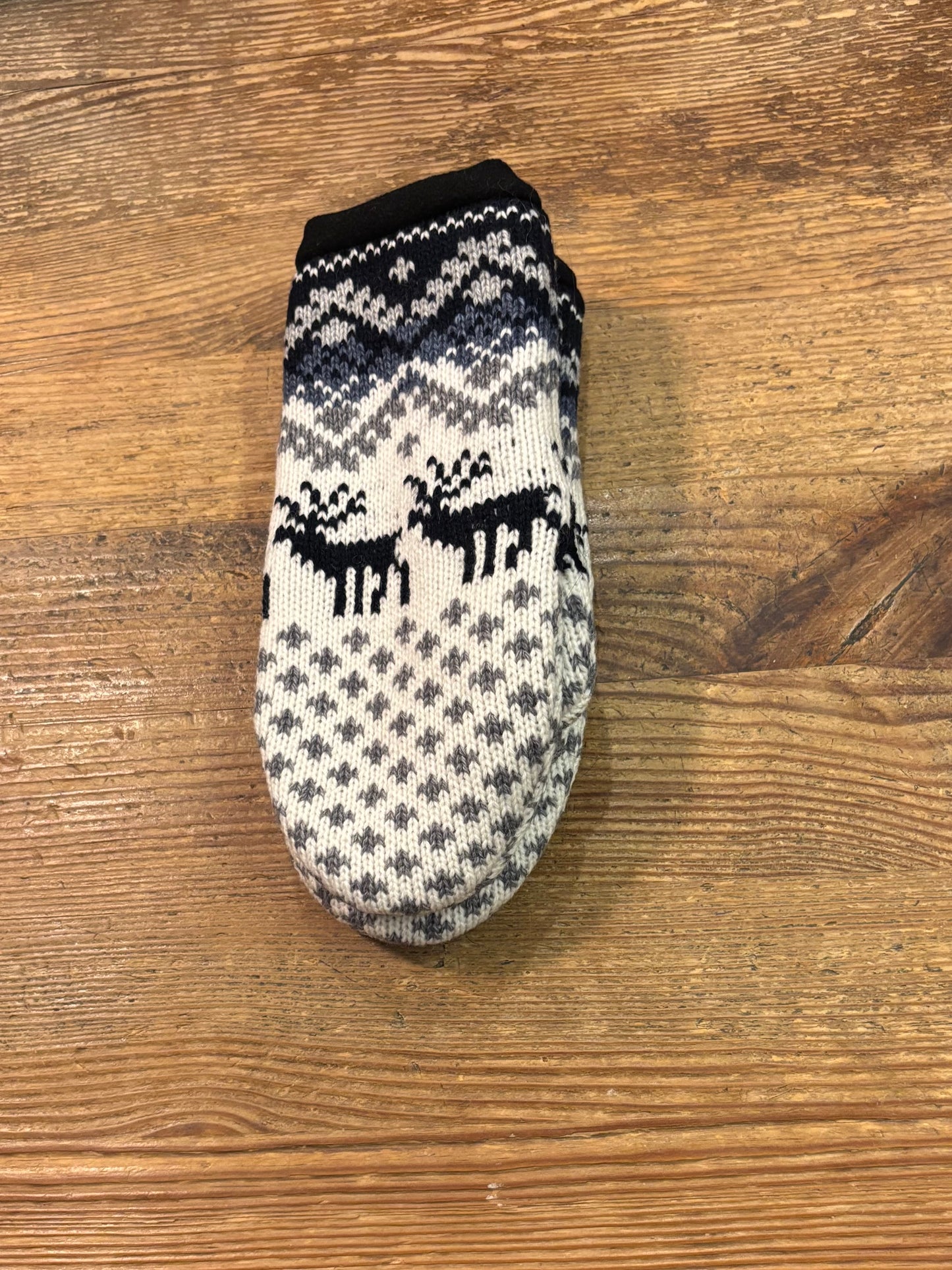 Nordic Wool Mittens with Blue Reindeer Pattern and Fleece Lining