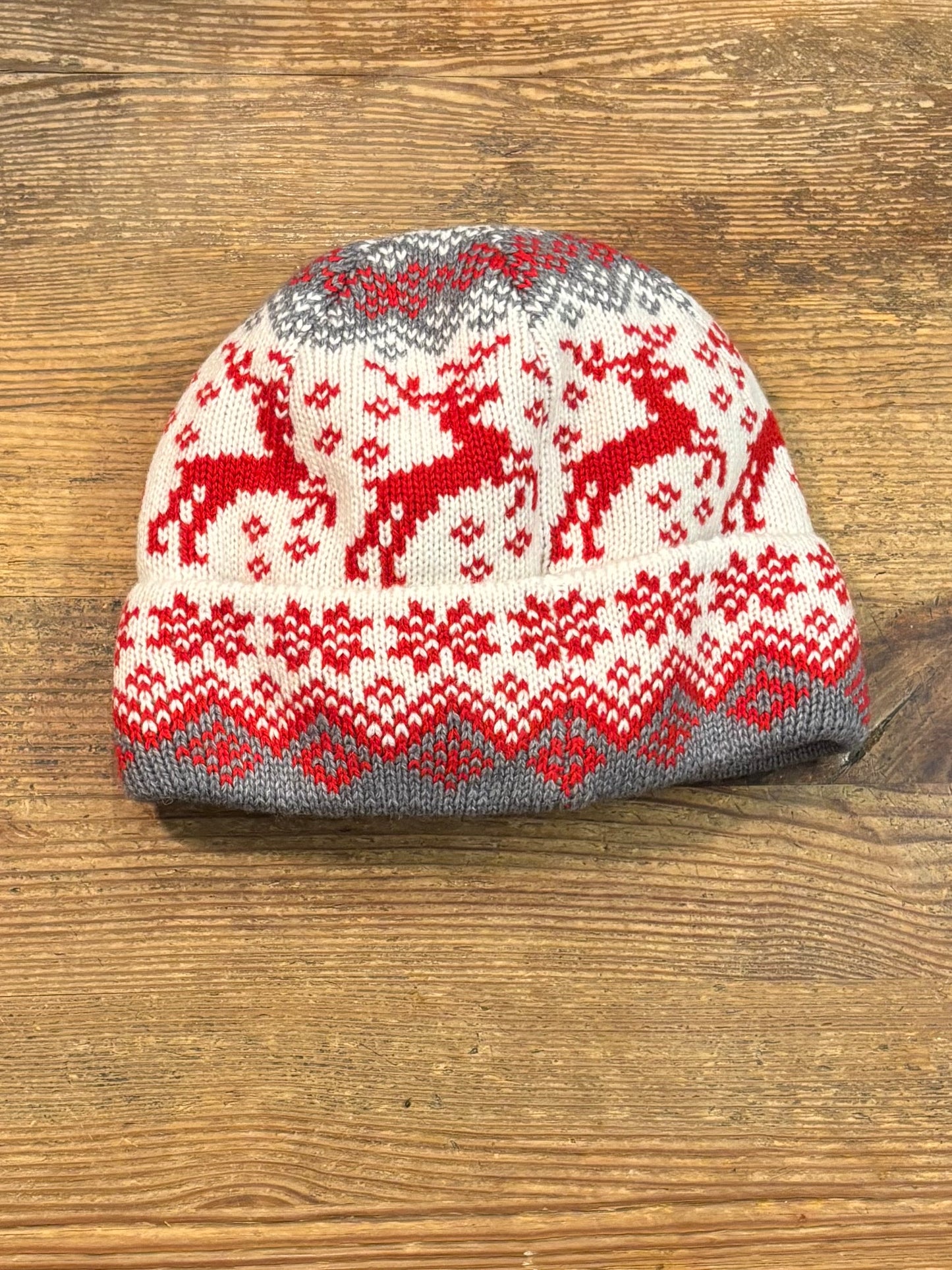 Wool Hat with Red Reindeer and Nordic Pattern, Fleece Lined