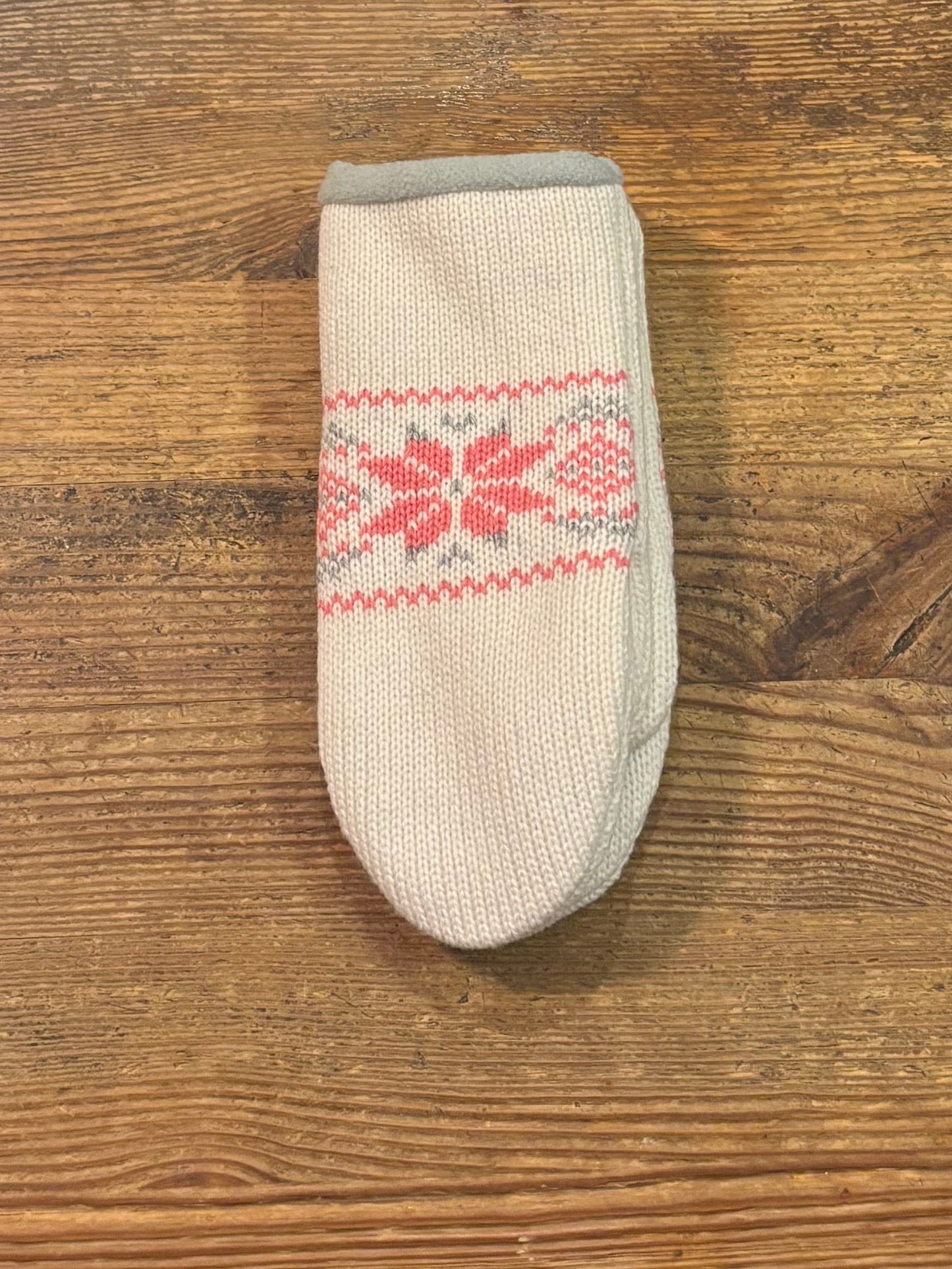 Cream Wool Mittens with Pink Snowflake Pattern and Fleece Lining