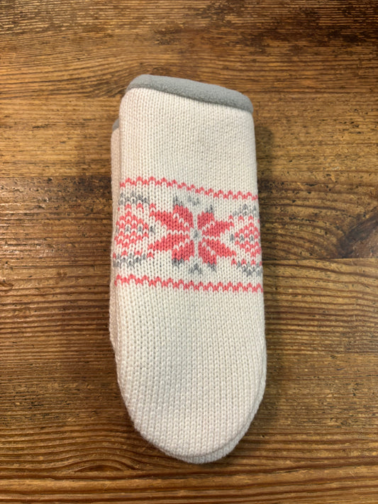 Cream Wool Mittens with Pink Snowflake Pattern and Fleece Lining