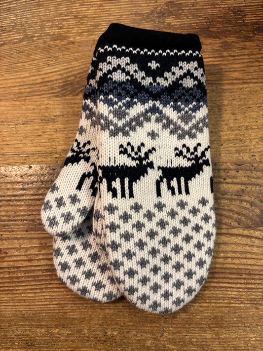 Nordic Wool Mittens with Blue Reindeer Pattern and Fleece Lining