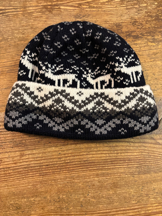 Dark Blue Wool Hat with Reindeer Pattern and Fleece Lining