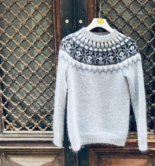 Hand-Knitted Nordic Sweater in Wool and Mohair – Blue-Grey