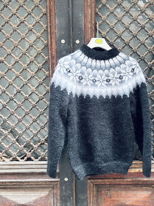 Hand-Knitted Nordic Sweater in Wool and Mohair –Black white and grey