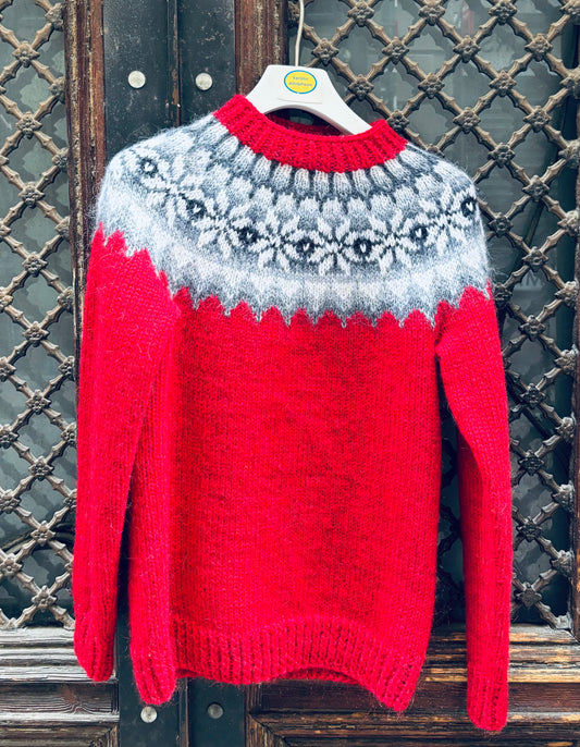 Hand-Knitted Nordic Sweater in Wool and Mohair –Red white and grey
