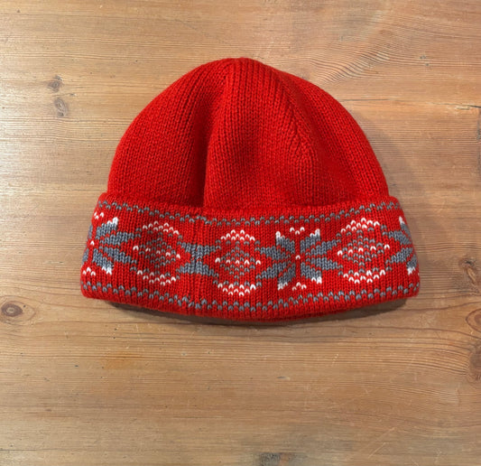 Red Wool Hat with Snowflake Pattern and Fleece Lining