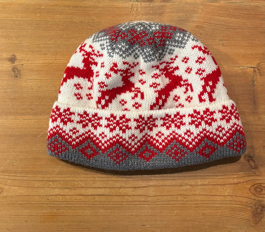 Wool Hat with Red Reindeer and Nordic Pattern, Fleece Lined