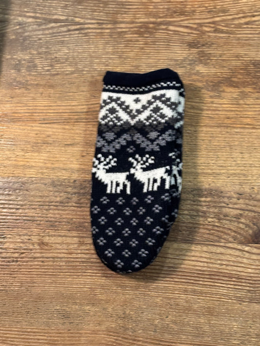 Wool Mittens with Blue Reindeer Pattern and Fleece Lining