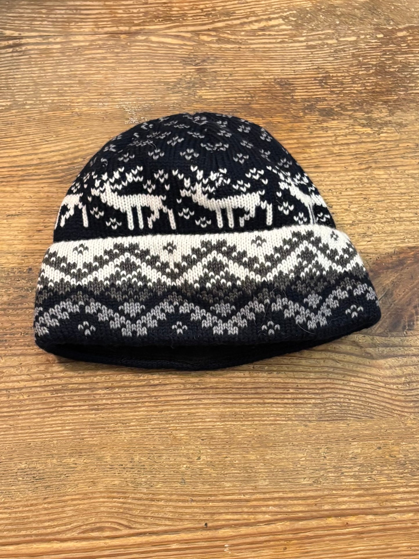 Dark Blue Wool Hat with Reindeer Pattern and Fleece Lining