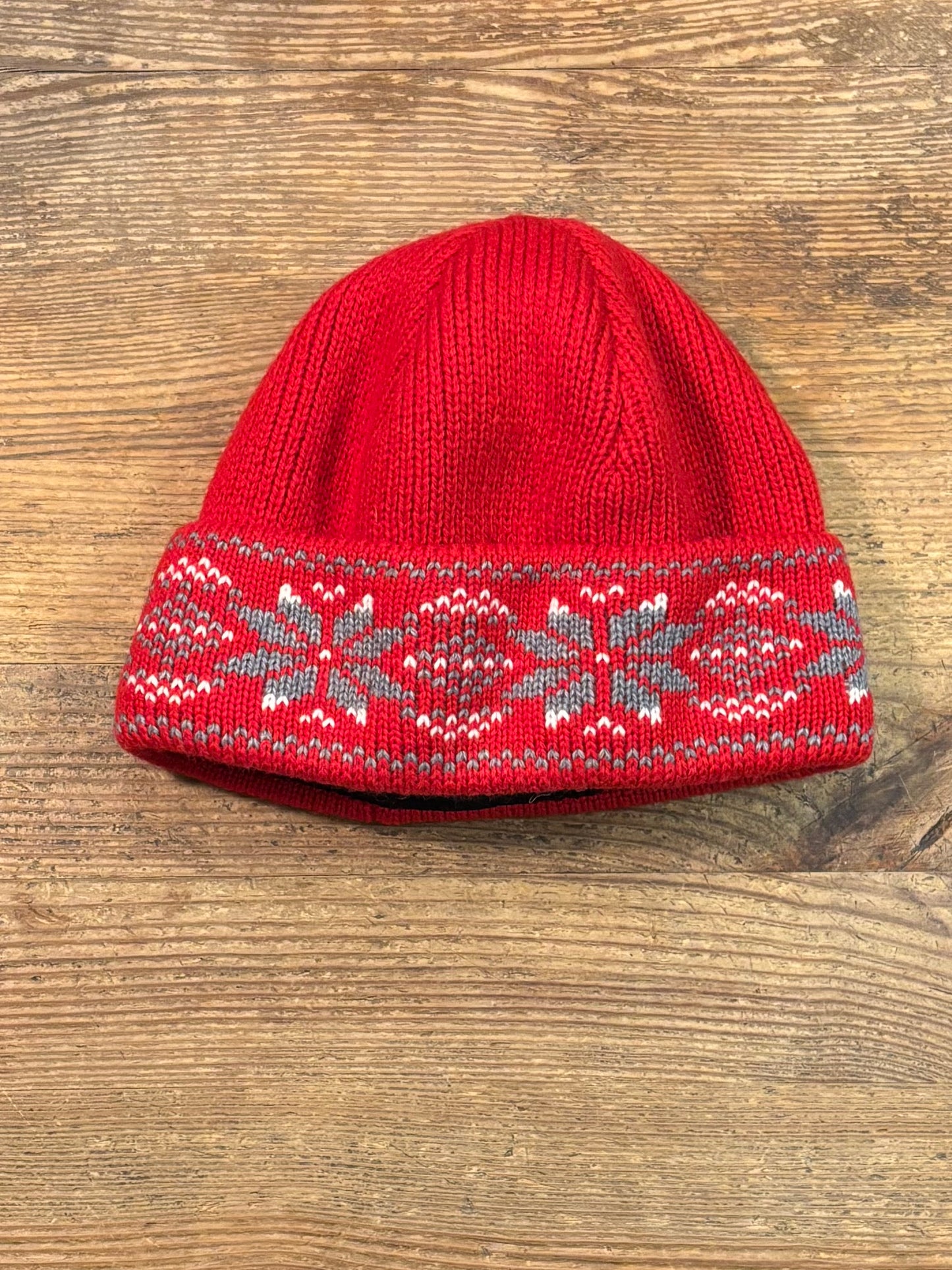 Red Wool Hat with Snowflake Pattern and Fleece Lining